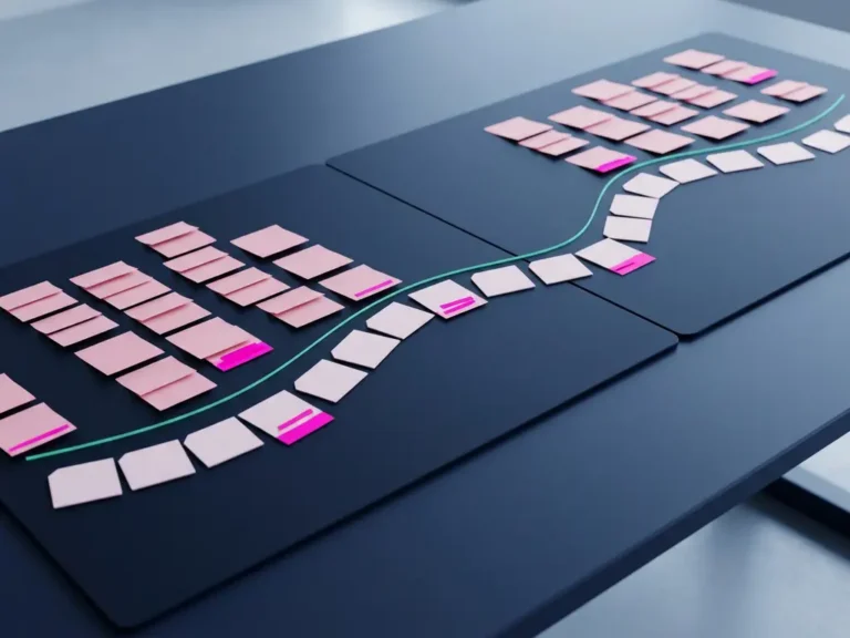 Zwei minimalistische Boards auf dunkelblauem Schreibtisch verschmelzen zu einem einheitlichen Kanban-Board mit rosafarbenen Sticky Notes in fließenden Spalten.