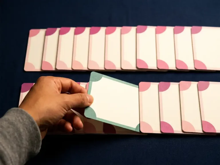 Hand zieht eine teal-markierte Aufgabenkarte aus einer Reihe minimalistischer Task-Cards auf dunkelblauem Untergrund.