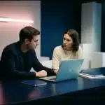 Zwei Fachleute im persönlichen Gespräch an einem dunklen Schreibtisch mit geöffnetem Laptop in modernem, tech-orientiertem Büroambiente.