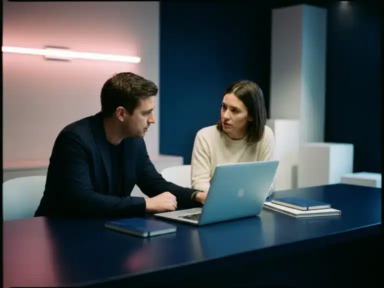Zwei Fachleute im persönlichen Gespräch an einem dunklen Schreibtisch mit geöffnetem Laptop in modernem, tech-orientiertem Büroambiente.