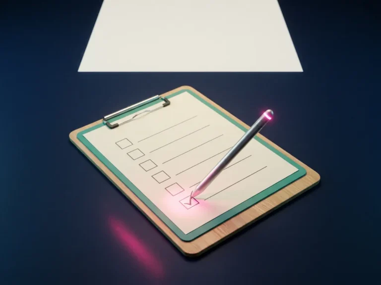 Checkliste auf dunkelblauem Schreibtisch mit leuchtend pinkem Häkchen, das mit einem Stylus gesetzt wird, Flat-Lay-Perspektive.