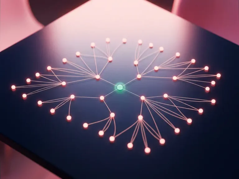 Leuchtende Netzwerk-Hierarchie mit türkisem Zentralknoten auf dunkelblauer Oberfläche, rosa und magentafarbenem Akzentlicht, Draufsicht.