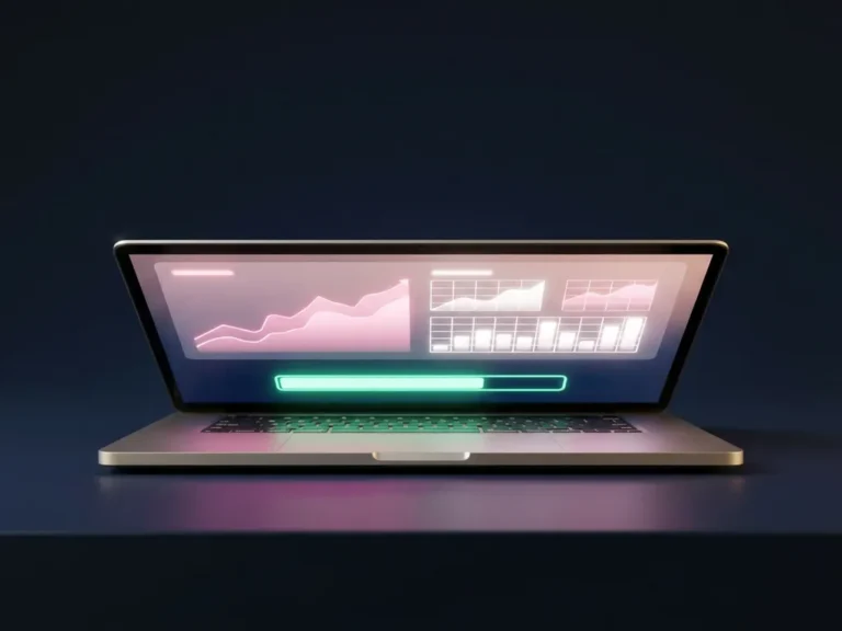 Laptop auf dunkelblauem Schreibtisch zeigt ein leuchtendes Dashboard mit steigenden rosa Datenkurven und türkisem Akzentbalken.