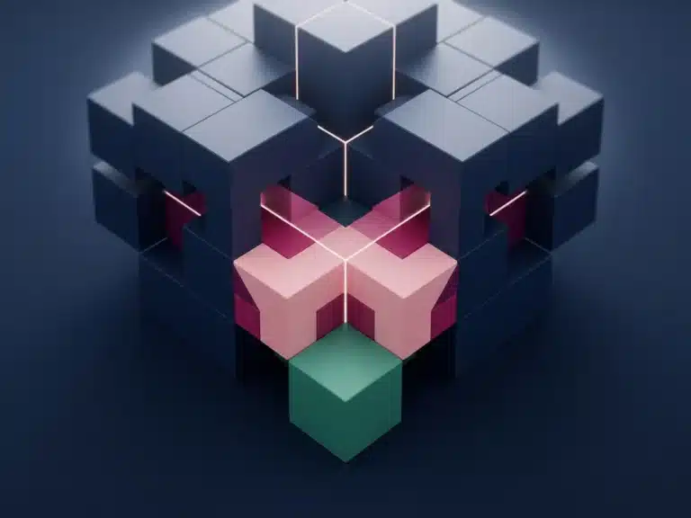 Geometrische Miniaturblöcke in Rosa, Magenta und Türkis verschmelzen zu einer einheitlichen Struktur auf dunkelblauem Untergrund.
