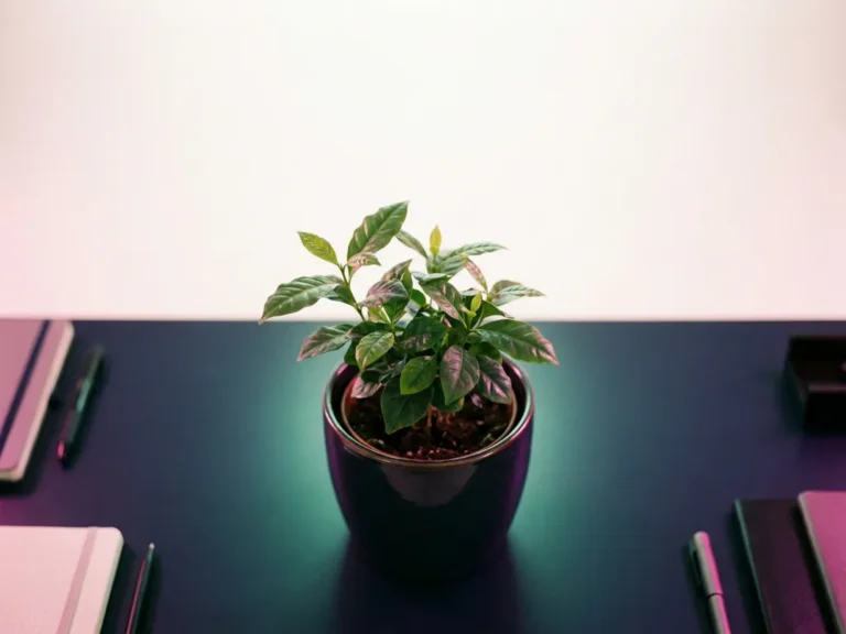 Grüne Topfpflanze mit frischen Trieben auf dunkelblauem Schreibtisch, rosa Umgebungslicht, Draufsicht.
