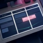 Minimalistisches Kanban-Board mit leuchtender rosa Aufgabenkarte in Bewegung, dunklen Marinenblau-Spalten und türkisem Fortschrittsindikator.