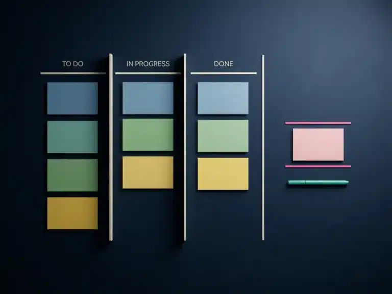 Kanban-Board mit farbcodierten Aufgabenkarten in Spalten, eine rosafarbene Karte mit türkisem Marker hervorgehoben, dunkler Hintergrund, Draufsicht.