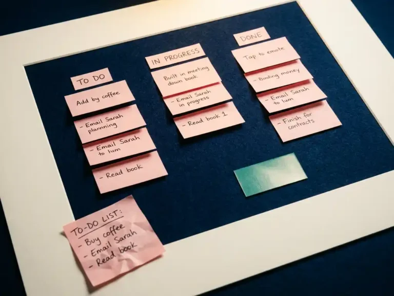 Minimalistisches Kanban-Board mit rosa Haftnotizen auf dunkelblauem Untergrund, einzelner handgeschriebener Zettel und türkisfarbener Karte.