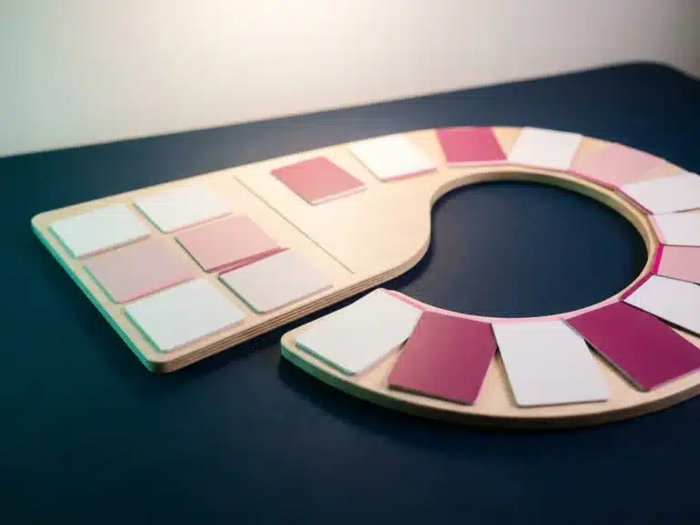 Minimalistisches Kanban-Board mit matten Karten in Spalten auf dunkelblauer Fläche, rosa-magenta Akzente, Draufsicht.
