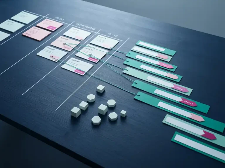 Kanban-Board mit Sprint-Karten neben einer Wasserfall-Projektzeitleiste auf dunkelblauem Schreibtisch, verbunden durch türkise Linien und pinke Meilenstein-Markierungen.
