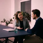 Zwei Kollegen im ruhigen Gespräch an einem dunklen Konferenztisch, modernes Büro mit sanftem rosa Umgebungslicht.