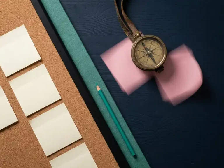 Kompass und Sprint-Planning-Board auf dunkelblauem Schreibtisch mit rosafarbenem Schatten und türkisfarbener Akzentlinie.