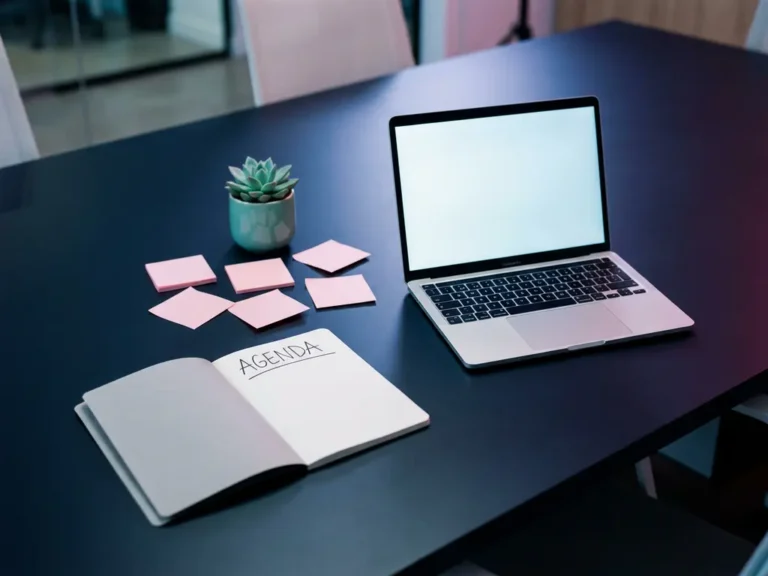 Dunkler Marineblau-Konferenztisch mit aufgeklapptem Notizbuch, schlankem Laptop, rosa Haftnotizen und einem kleinen Teal-Sukkulenten.