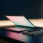 Halb geöffneter Laptop auf dunkelblauem Schreibtisch mit rosa-türkisem Bildschirmlicht, daneben schmales Notizbuch und Stift.