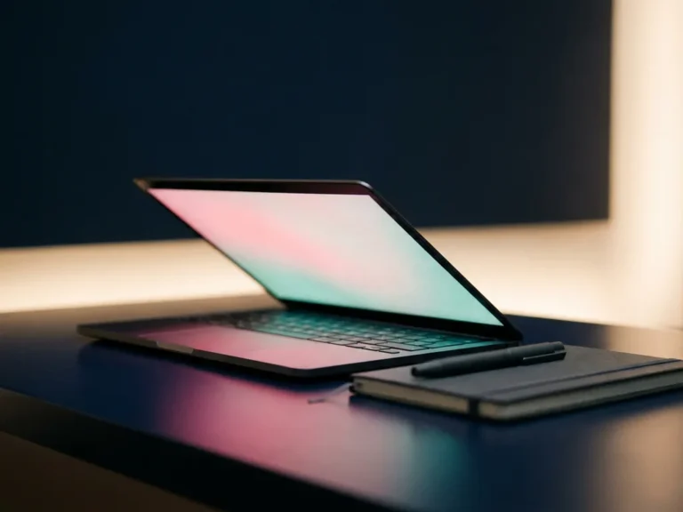 Halb geöffneter Laptop auf dunkelblauem Schreibtisch mit rosa-türkisem Bildschirmlicht, daneben schmales Notizbuch und Stift.