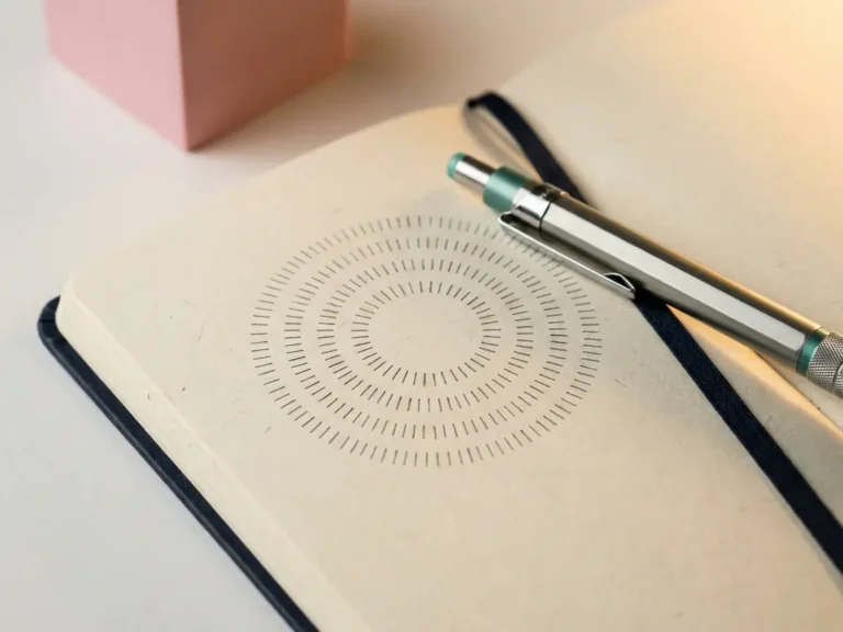 Mechanischer Bleistift liegt diagonal auf dunkelblauem Notizbuch mit präzisen Häkchen in iterativem Muster, rosafarbene Form im Hintergrund.