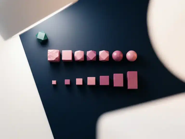 Geometrische Blöcke in Rosa und Magenta auf dunkelblauer Oberfläche, in zwei Reihen nach Größe und Form sortiert, mit türkisem Akzentblock.