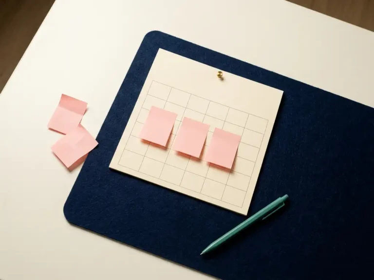 Minimalistischer Wandkalender auf dunkelblauem Untergrund mit drei rosafarbenen Haftnotizen und einem türkisfarbenen Stift, Flat-Lay-Aufnahme.