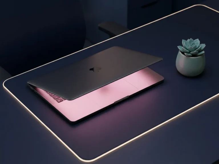 Schlankes Laptop auf dunkelblauem Schreibtisch mit rosa Bildschirmlicht und kleinem türkisfarbenen Sukkulenten daneben.
