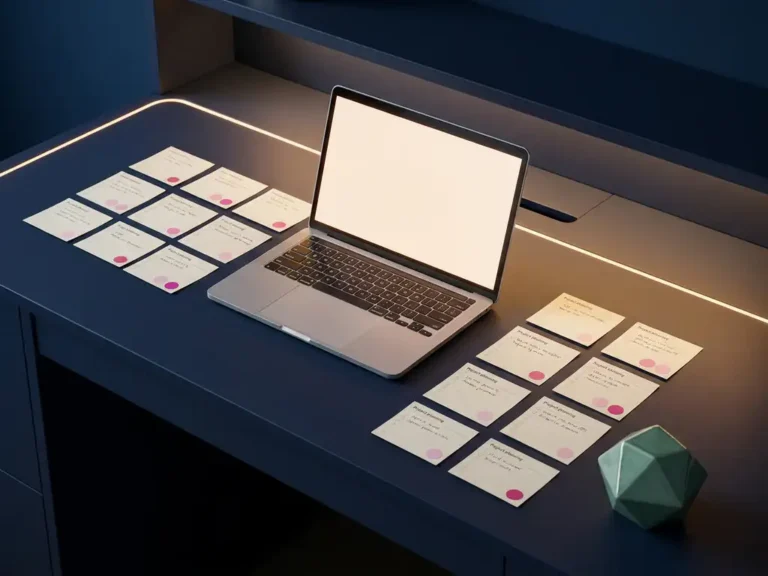 Dunkler Navy-Schreibtisch mit leuchtendem Laptop, umgeben von minimalistischen Planungskarten in Rosa und Magenta, moderner Premium-Workspace.