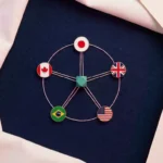 Fünf Nationalflaggen-Pins im Kreis auf dunkelblauem Untergrund, durch rosafarbene Fäden mit einem türkisen Knotenpunkt verbunden.