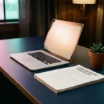 Aufgeklappter Laptop mit leuchtendem Display und ausgedruckter Onboarding-Checkliste auf modernem Schreibtisch, kleine Sukkulente als Dekoration.