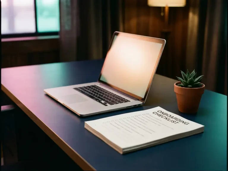 Aufgeklappter Laptop mit leuchtendem Display und ausgedruckter Onboarding-Checkliste auf modernem Schreibtisch, kleine Sukkulente als Dekoration.