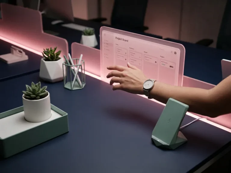 Hand eines neuen Teammitglieds greift nach einem leuchtend rosa Projektboard auf einem dunkelblauen Schreibtisch mit minimalistischen Workspace-Accessoires.