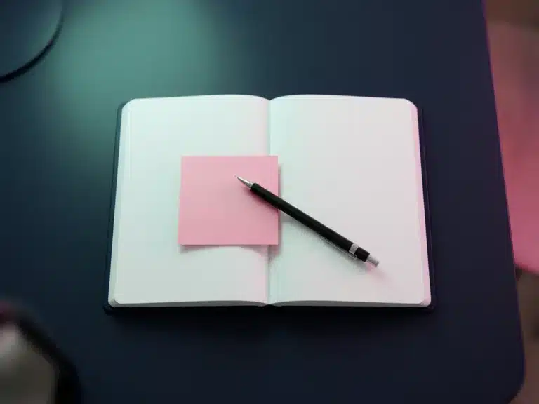 Aufgeschlagenes dunkelblaues Notizbuch mit pinkem Haftnotizzettel und Druckbleistift auf marineblauem Schreibtisch, Flat-Lay-Aufnahme.