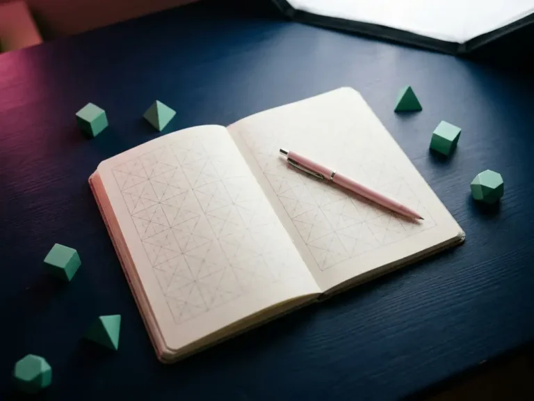 Aufgeschlagenes Notizbuch mit geometrischem Raster auf dunkelblauem Schreibtisch, rosafarbener Stift diagonal daraufgelegt, türkise Akzente daneben.