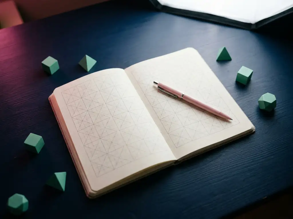 Aufgeschlagenes Notizbuch mit geometrischem Raster auf dunkelblauem Schreibtisch, rosafarbener Stift diagonal daraufgelegt, türkise Akzente daneben.