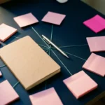 Aufgeschlagenes Notizbuch auf dunkelblauem Schreibtisch mit rosa Haftnotizen in radialem Muster, verbunden durch türkise Linien, magentafarbene Akzentnotiz im Fokus.