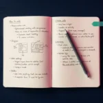Aufgeschlagenes Notizbuch mit handschriftlichen Entscheidungsnotizen und Stylus auf dunkelblauem Schreibtisch, Draufsicht.