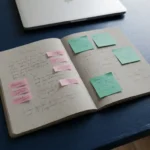 Aufgeschlagenes Notizbuch mit Handnotizen und pinken sowie türkisen Haftnotizen auf dunkelblauem Schreibtisch, Laptop im Hintergrund.