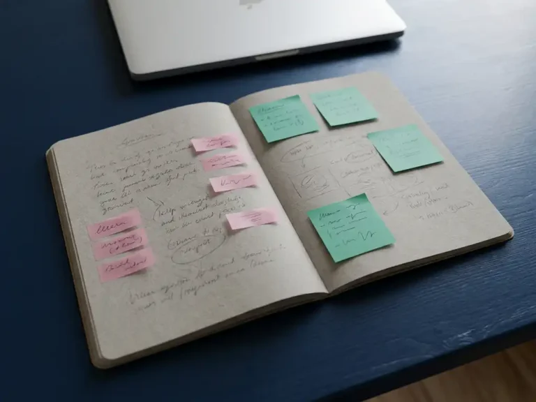 Aufgeschlagenes Notizbuch mit Handnotizen und pinken sowie türkisen Haftnotizen auf dunkelblauem Schreibtisch, Laptop im Hintergrund.