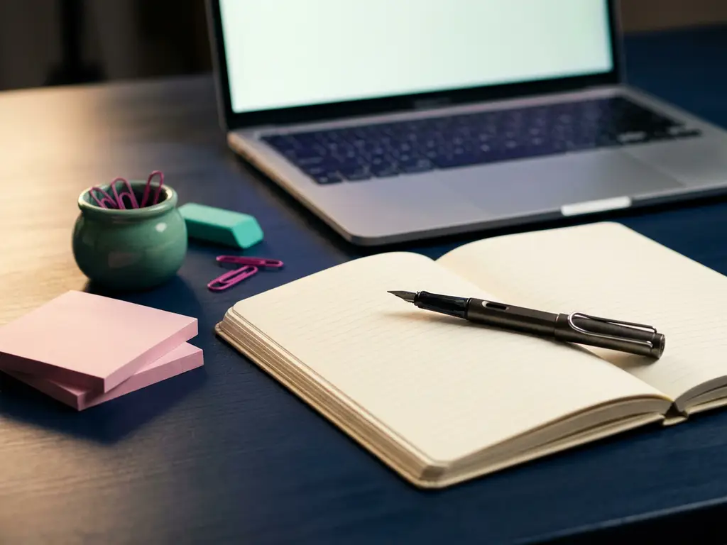 Aufgeschlagenes Notizbuch mit elegantem Stift auf dunkelblauem Schreibtisch, rosa Haftnotizen und Laptop im Hintergrund.