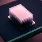 Transluzente Karten nach Priorität gestapelt, die höchste in rosa Licht auf dunkler Oberfläche, minimalistischer Arbeitsbereich von oben.