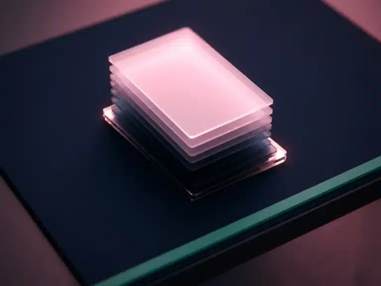 Transluzente Karten nach Priorität gestapelt, die höchste in rosa Licht auf dunkler Oberfläche, minimalistischer Arbeitsbereich von oben.