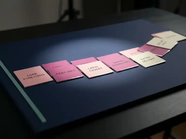 Produkt-Roadmap-Board mit Feature-Karten in geschwungener Anordnung auf dunkelblauer Oberfläche, rosa und magentafarbene Karten im Spotlight.