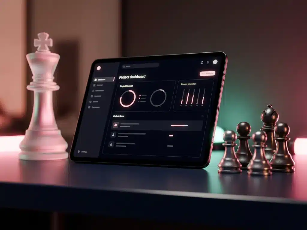 Projektdashboard auf dunklem Schreibtisch mit abstrakten Schachfiguren in rosa und magentafarbenem Akzentlicht.