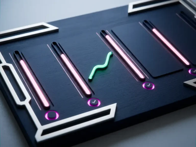 Dunkles Navy-Sprint-Board mit leuchtend rosa Fortschrittsbalken, türkiser Velocity-Kurve und magentafarbenen Sprint-Markierungen im Studio-Licht.