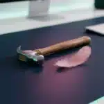 Polierter Stahlhammer und zartrosa Feder auf dunkelblauer Tischfläche mit Teal-Akzentlicht und Magenta-Reflexion.