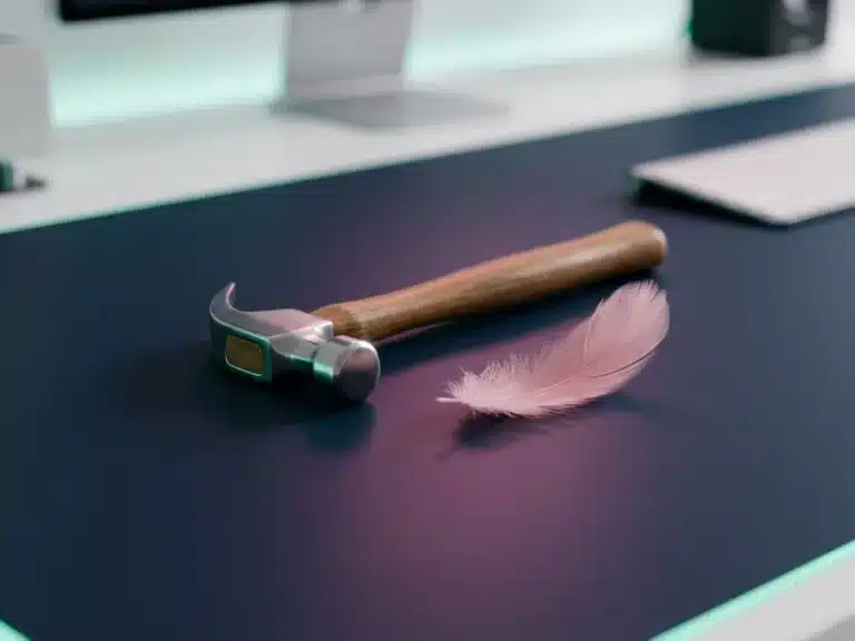 Polierter Stahlhammer und zartrosa Feder auf dunkelblauer Tischfläche mit Teal-Akzentlicht und Magenta-Reflexion.