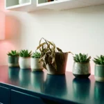 Welkende Pflanze zwischen gesunden Sukkulenten auf dunkelblauem Schreibtisch mit rosafarbenem Umgebungslicht und modernem Workspace-Ambiente.