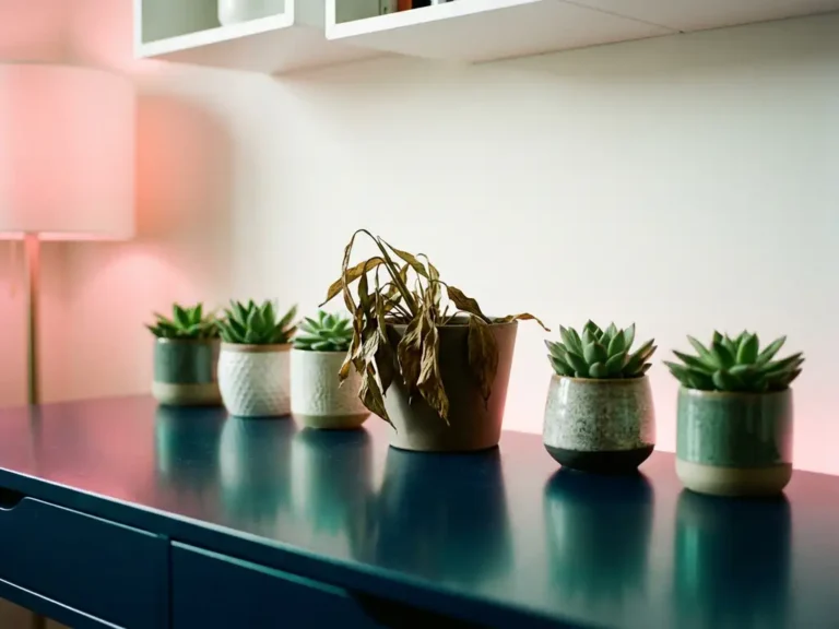 Welkende Pflanze zwischen gesunden Sukkulenten auf dunkelblauem Schreibtisch mit rosafarbenem Umgebungslicht und modernem Workspace-Ambiente.