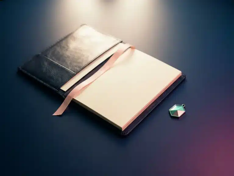Aufgeschlagenes Zertifizierungsheft auf dunkelblauem Schreibtisch mit rosa Lesezeichenband und geometrischem Abzeichen im Teal-Licht.